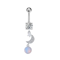 Detailed view of silver navel ring with moon star pendant and clear zircon stones - Star Moon Dangle (3008)