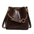 Retro dunkelbraune Eimer-Tasche aus Öl-Wachs-Leder mit goldener Kette und Riemen - Braun