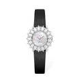 Elegante Scottie Uhr mit silberner Kristalllünette, Perlmuttzifferblatt und schwarzem Band - Silbernes Gehäuse / Leder Schwarz