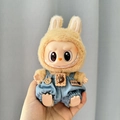 Labubu plush doll wearing a yellow rabbit ear hoodie and blue denim overalls - Cowboy Biscuit Bear / First And Second Generation Keychains Are Compatible With La Cloth Dolls. Dolls Not Included.