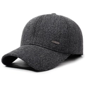 Men's dark gray winter baseball cap in thick wool blend with ear flaps and metal logo - Adjustable / Gray