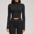 Conjunto de yoga negro para mujer con chaqueta corta con cremallera y mallas de cintura en V - S / Negro Premium