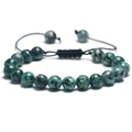 Adjustable green spotted jasper stone beaded bracelet with black woven cord and flat knot - Green Dot Stone