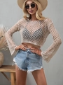 Pull en maille crochet beige avec manches évasées et col rond pour l'été - S / Kaki
