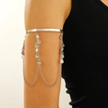Bohemian silver arm cuff with layered chain tassels and scalloped metal charms - Scallop Tassel Style (6108)