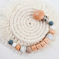 Blue and white silicone pacifier clip with beech wood BABY letter beads on macrame - Quartz Pattern