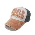 Detail of 1962 embroidery and distressed washed cotton edges on retro baseball cap - M (56-58cm) / Orange
