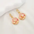 Floral enamel earrings with natural pearl and gold finish, sized 31mm by 18mm - Style 32 Pink Gold Pearl Floral Drop Pendant