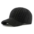 Classic black cable knit baseball cap with stiff brim in warm wool blend - Black