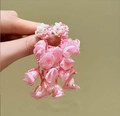 Handmade pink chiffon flower tassel drop earrings with delicate white pearls for women - Chiffon Flower Tassel Stud Earrings / Pink