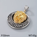 Silver and gold lion head pendant necklace with white zircons, 50mm diameter size - Diameter 50mm / Two-tone Gold Rhinestone Pendant (KP80272-BD)