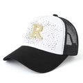 Casquette de baseball bicolore noire et blanche avec logo R doré orné de strass - Réglable / Noir