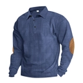 Detail van blauw corduroy poloshirt met bruine suède elleboogstukken en fijne textuur - S / Marineblauw