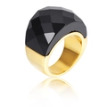 Minimalistischer, 18k vergoldeter breiter Ring mit großem facettiertem schwarzen Kristall - US 6 / Schwarzer Kristall Goldring (KR31890-K)