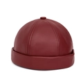 Dark red PU leather docker hat with six-panel stitching and a classic turn-up brim - Docker Hat Style / Red