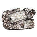 Western Y2K silver glitter leather belt with rhinestones and black metal skulls - Silver Belt Skull Buckle