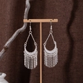 Ethnic bohemian silver drop earrings with hollow waterdrop frames and long tassels - Bright Silver Waterdrop Geometric Hollow Tassel Style (E2349-1)