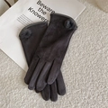 Women's dark grey faux suede gloves with cute fur balls and touch screen tips - Pom Pom / Dark Gray
