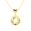 Detail view of gold heart necklace with a rainbow gemstone-encrusted round charm pendant - Letter-O