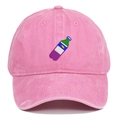 Close-up of pink washed cotton baseball cap featuring unique bottle embroidery detail - Pink