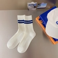 Thick combed cotton crew socks in white with double blue stripes for winter comfort - One Size / White with Blue Stripes