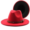 Detail of red fedora hat with brown leather strap and contrasting black interior - M(56-58cm) / Red and Black