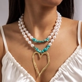 Double-layer faux pearl and turquoise necklace with oversized gold heart pendant for women - White (Layered Pearl Turquoise Heart)
