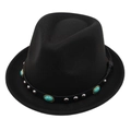 Cappello jazz in feltro di lana nero con fascia turchese boho e dettagli in rivetti - M Taglia Unica Adulto (56-58cm) / Nero