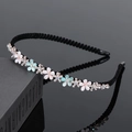 Serre-tête en tissu noir orné de fleurs roses et bleues et de strass brillants - Cinq petites fleurs-Bleu