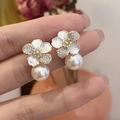 Vintage gold floral stud earrings featuring white shell petals and a hanging pearl drop - White Pave Diamond Pearl Silver Needle Style (23#)