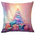 Housse de coussin de Noël avec bonhomme de neige et sapin festif pour décor de canapé - 45x45cm (Sans Insert) / Pile de Cadeaux de Rêve (CDR351-14)