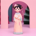 Vintage palace style girl figurine in pink floral cheongsam holding a round silk fan - Large Fan