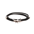 Detailed view of black braided cord bracelet with a silver shark-shaped metal pendant - Shark / Black