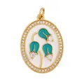 Enamel oval flower pendant with teal lilies and small diamonds in gold plating - Gold Oval Zirconia Inlaid Green Lily of the Valley V2