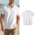 Detail view of white linen polo shirt showing fabric texture and beach lifestyle look - S / Tops / White