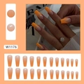 Long coffin press-on nails with sunset orange gradient wave patterns and glitter finish - Sunset Coral (W1176)