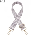 Detailed view of adjustable gray and white wave pattern bag strap with gold metal buckles - L-11 Purple