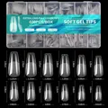 Size chart for 12 sizes of extra long coffin soft gel nail tips with width and length data - Style 02