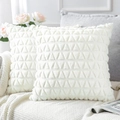 Close-up of white plush pillow covers with 3D geometric patterns on a soft sofa - 18x18 Inch / White Small Triangle