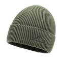 Olive green ribbed knit beanie with mountain embroidery for winter sports and street style - One Size / Army Green