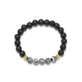 Handmade beaded bracelet with black lava rock and striped beads on white background - White