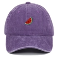 Close-up of watermelon embroidery on washed purple cotton baseball cap fabric texture - One Size / Purple