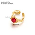 Detail view of gold titanium steel flower ring with red stone and dimensions 22.39mm - Adjustable Open / J218-Gold Hollow Ripple Red Stone