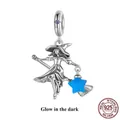 Sterling silver witch charm with glowing blue star and purple zircon stone - Luminous Fairy Witch (SCC2897)