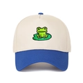 Detail of embroidered frog and lotus leaf on a two-tone cotton trucker baseball cap - Off-White and Royal Blue