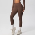 Detail of high-waisted dark coffee yoga leggings with moisture-wicking matte fabric - S / Long Pants (7100) / Chestnut Brown
