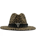Classic leopard print cowboy hat with ethnic woven band and silver bull skull ornament - M (56-58cm) / Metal Bull Skull Ethnic Woven Band Style / Khaki