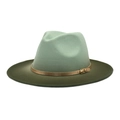 Detailed close-up of gradient green wool felt fedora with gold buckle and wide brim - M (56-58cm) / Mint Green + Army Green