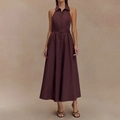 Dark brown sleeveless halter shirt maxi dress with collared neck and belted waist - S / Coffee