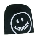 Black knit beanie featuring a white GOODDAY smiley face pattern for winter warmth - Goodday Smiley-Black